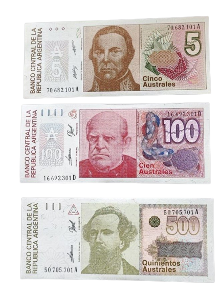 ARGENTINA  1985-1990 5,100,500 Australes 3 BANKNOTE set UNC