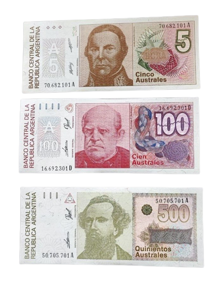 ARGENTINA  1985-1990 5,100,500 Australes 3 BANKNOTE set UNC