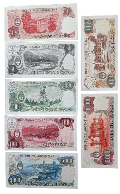 Argentina set 7 pcs 1+50+100+500+1000+5000+10000 psos Pick 303-315 AUNC