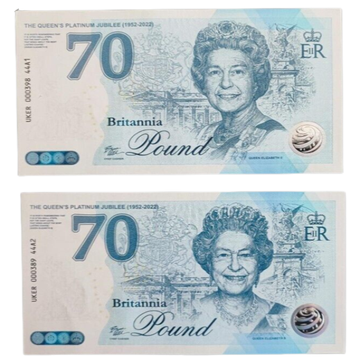 2 NOTES SET THE QUEEN'S PLATINUM JUBILEE 2022 BRITANNI COMMEMORATIVE BANKNOTE