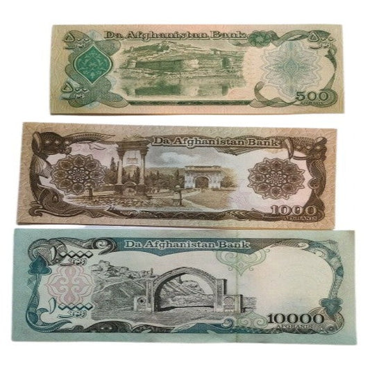 AFGHANISTAN 500, 1000,   10000 Afghanis - A Set of 3 Crisp UNC Banknotes