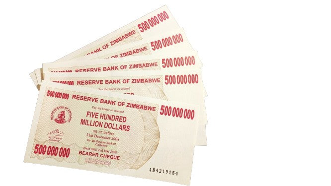 5 x 500 Million Zimbabwe Dollar ~ Bearer Cheques ~ UNC ~ Consecutive No's