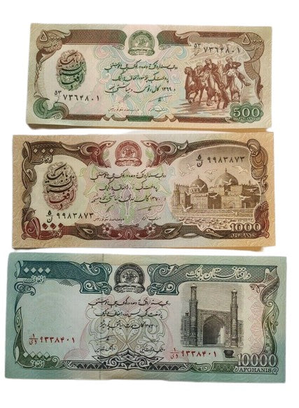 AFGHANISTAN 500, 1000,   10000 Afghanis - A Set of 3 Crisp UNC Banknotes