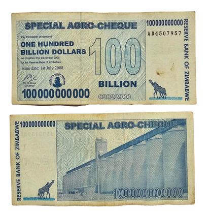 10 X 100 billion special agro cheque Zimbabwe dollar notes. used.