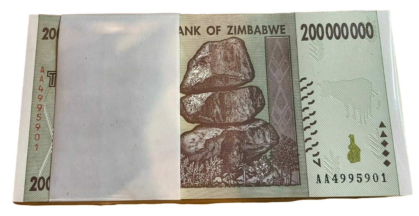 100 x 200 Million Zimbabwe Dollars Banknotes Bundle AA 2008 Consecutive UNC
