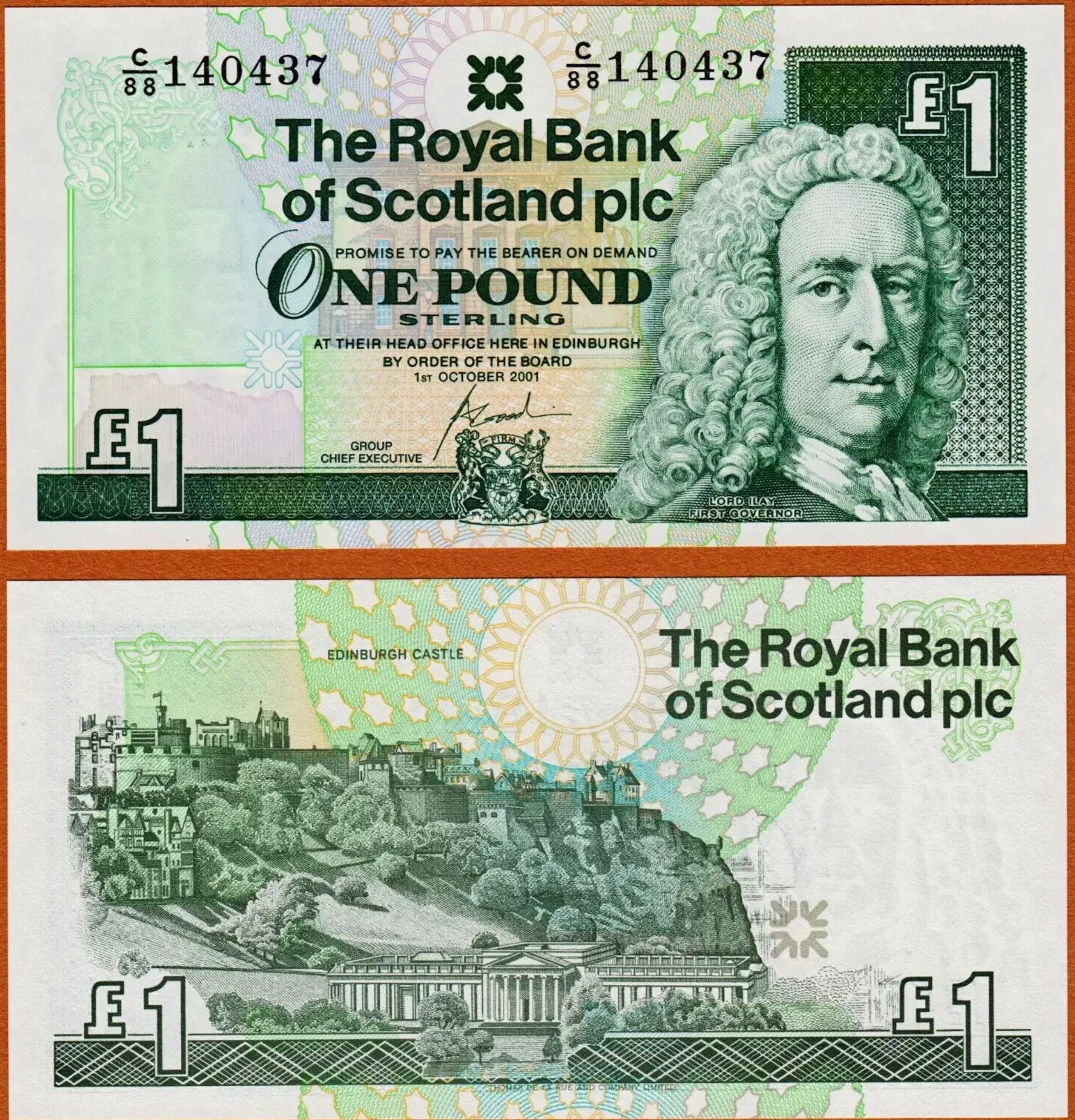 Front and back view of a 2001 Royal Bank of Scotland £1 banknote, Pick 351c, featuring Lord Ilay and Edinburgh Castle.