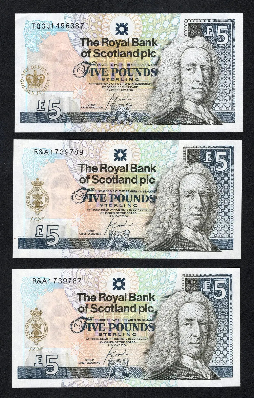 SET OF 3 The Royalof Scotland Bank, £5 2002/2004  AUNC/REF D6