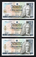 Three Royal Bank of Scotland 5 pound banknotes including the 2002 Queen's Golden Jubilee and two 2004 Royal & Ancient golf commemorative notes.