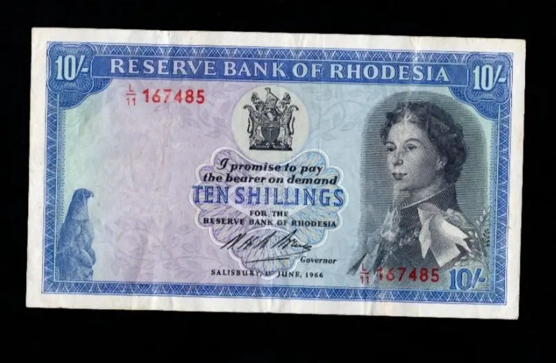 Front and back of a 1966 Rhodesian Ten Shillings banknote, Pick #27b, featuring Queen Elizabeth II and a tobacco field.