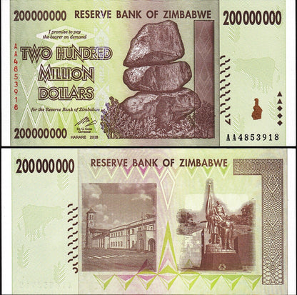 Zimbabwe 200 Million Dollars 2008 P-81 Prefix 'AA' Banknotes UNC