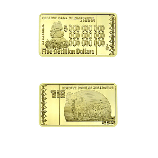 Gold plated Zimbabwe Five Octillion Dollar bar Gold Clad Bullion Bar