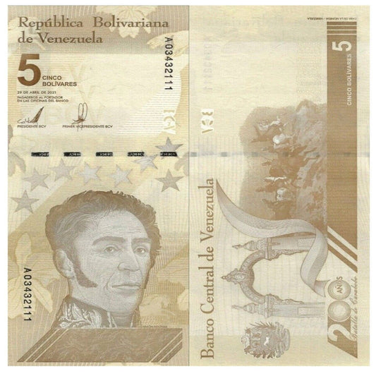 Venezuela 5 Bolivares 2021 New Unc. Bolivar Soberano Rare Banknotes