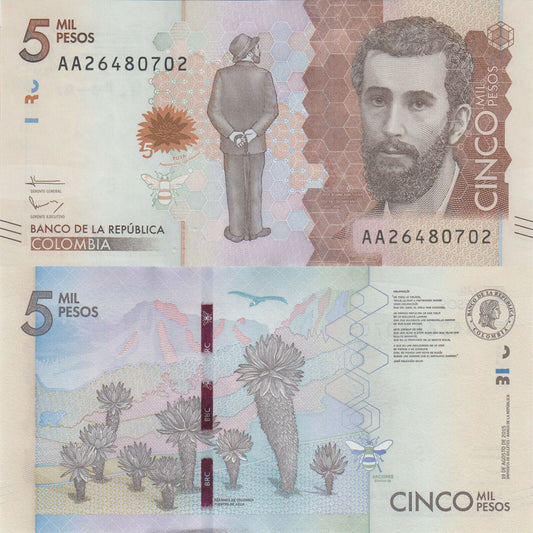 Colombia 5000 Pesos 2015, UNC, P-459a, Prefix AA