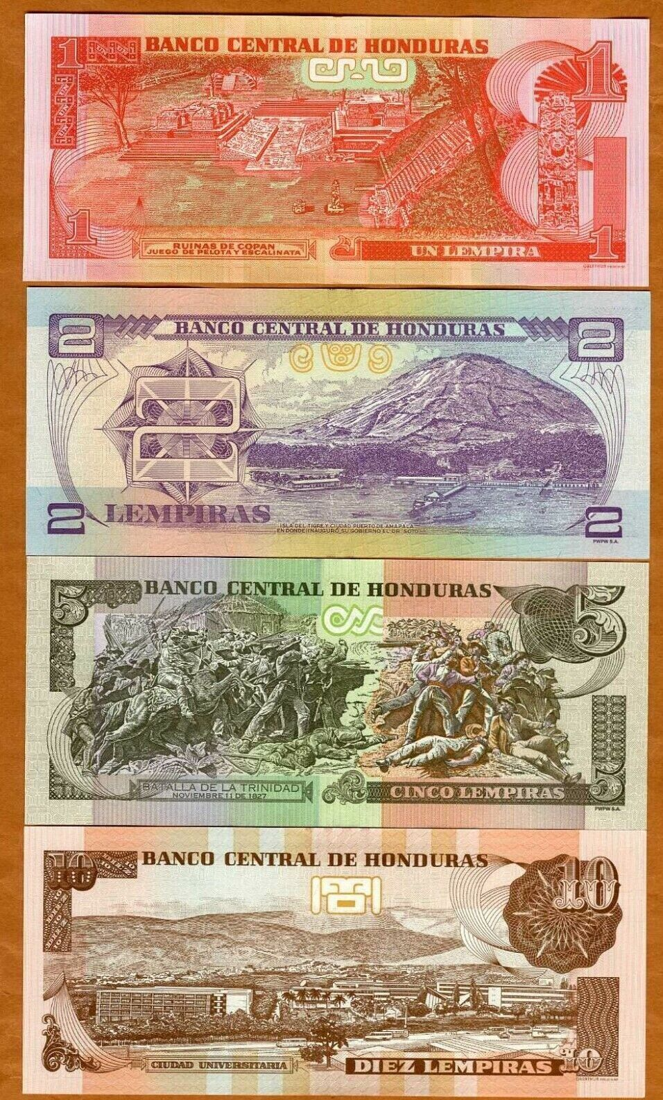 Honduras Set 4 PCS, Honduras 1, 2, 5, 10 Lempi 1, 2, 5, 10 Lempira, P96-99, UNC