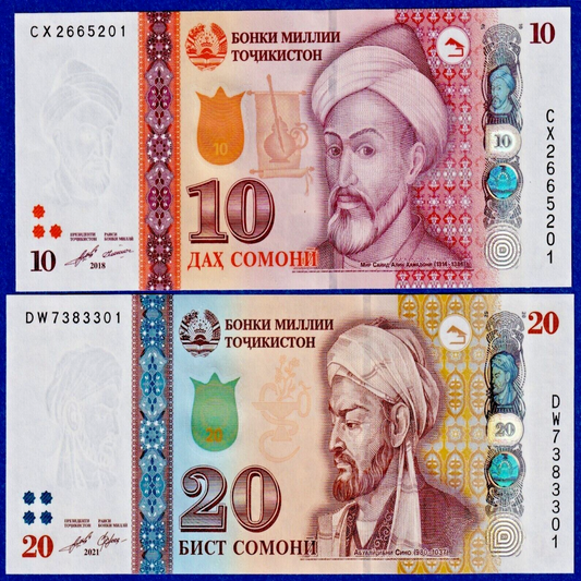 TAJIKISTAN SET OF 2 BANKNOTES: 10 AND  20 SOMONI 2018/2022 UNC