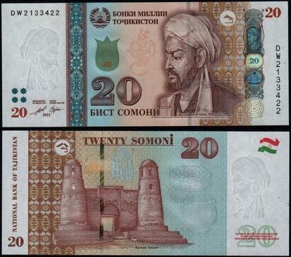 TAJIKISTAN SET OF 2 BANKNOTES: 10 AND  20 SOMONI 2018/2022 UNC