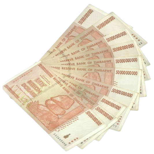 Zimbabwe 10xfifty billion dollars banknotes used