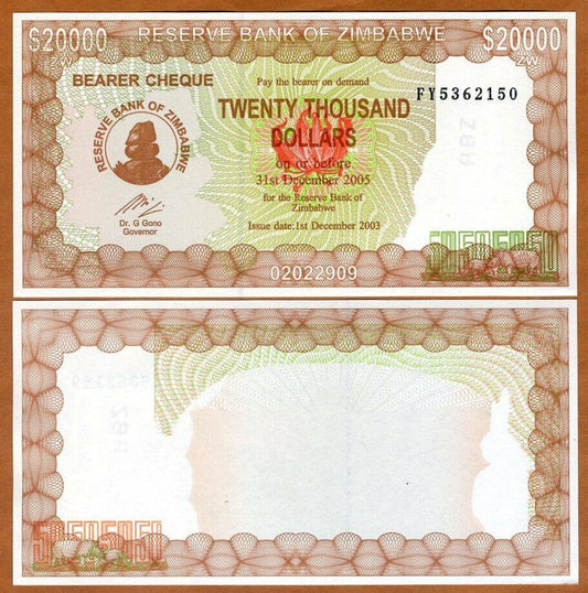Zimbabwe 20000 bearer cheque, 2003 UNC