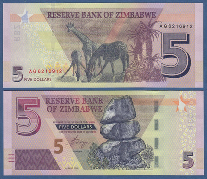 Zimbabwe 2 + 5 + 10 + 20 Dollars 2019  to 2020 Set of 4 Banknotes 4 PCS UNC