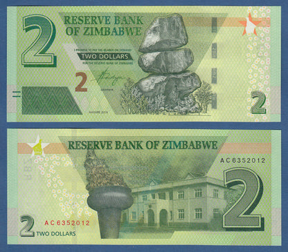 Zimbabwe 2 + 5 + 10 + 20 Dollars 2019  to 2020 Set of 4 Banknotes 4 PCS UNC