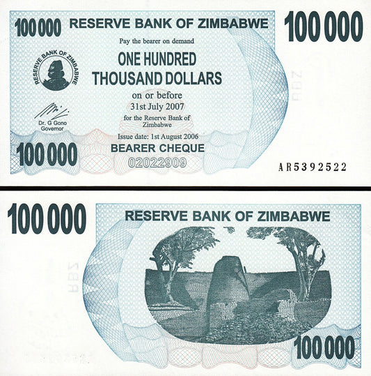 zimbabwe banknotes 100000 dollars  UNC