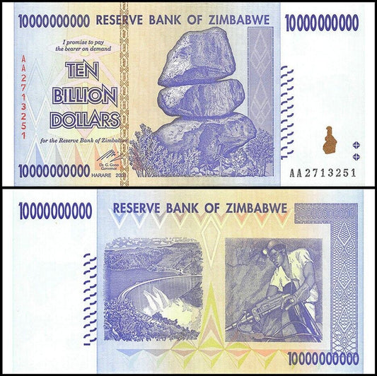 Zimbabwe 10 Billion  Dollars Banknotes 2008 UNC