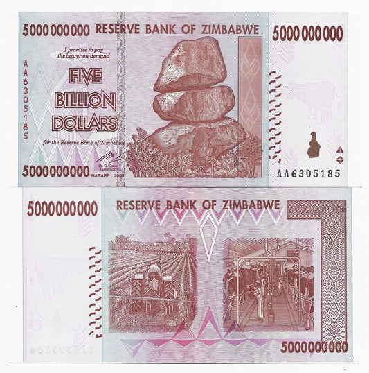Zimbabwe 5  Billion Dollars Banknotes 2008 UNC