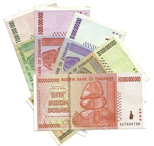 Zimbabwe billion dollars banknotes set of all 5 (1, 5, 10, 20, 50 billion) used