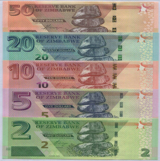 Zimbabwe 2 + 5 + 10 + 20 + 50 Dollars 2019 - 2020 Set of 5 Banknotes 5 PCS UNC
