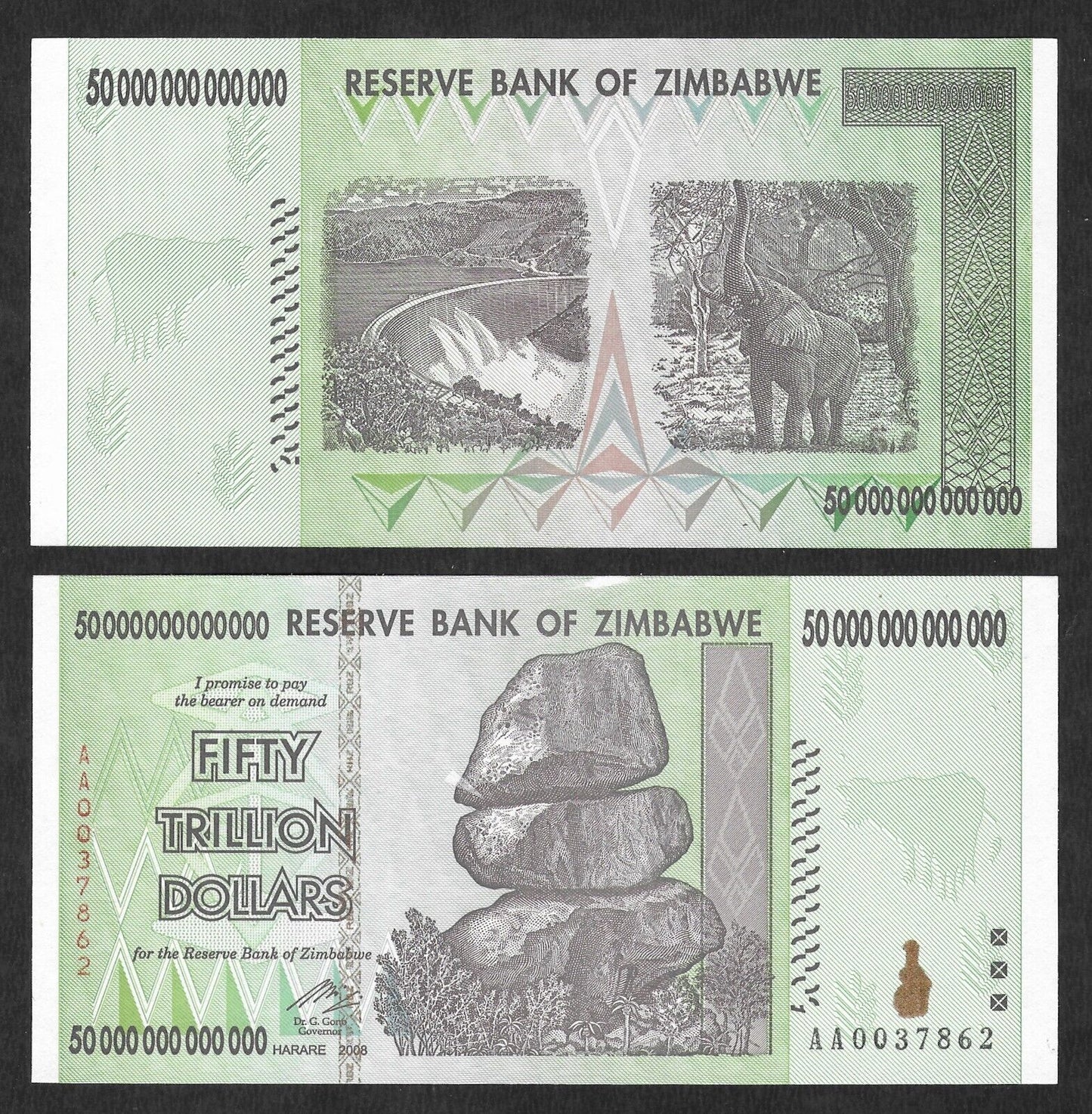 ZIMBABWE 50 TRILLION Dollar Banknotes AUTHENTIC AA Prefix Almost Uncirculated