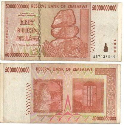 World Paper Money Zimbabwe 50 Billion Dollars Banknote used AA /AB Prefix.