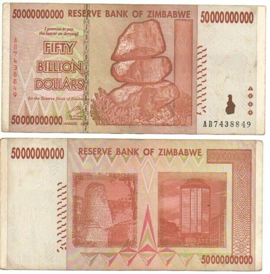 World Paper Money Zimbabwe 50 Billion Dollars Banknote used AA /AB Prefix.