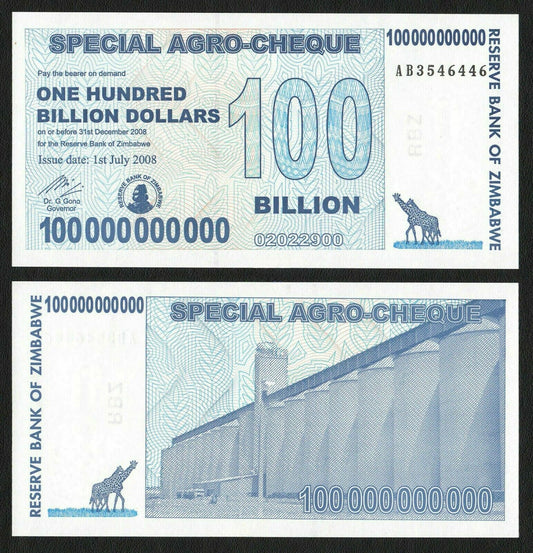 Zimbabwe 100 Billion Dollars 2008 P-64 Banknotes