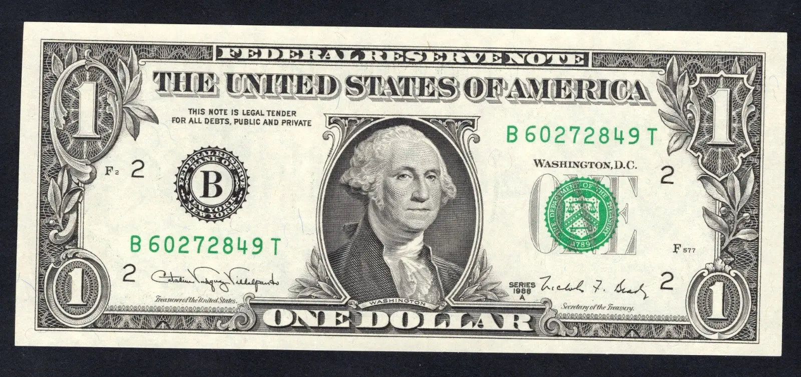 Front and back of a crisp, uncirculated Series 1988A United States 1 Dollar bill featuring George Washington.