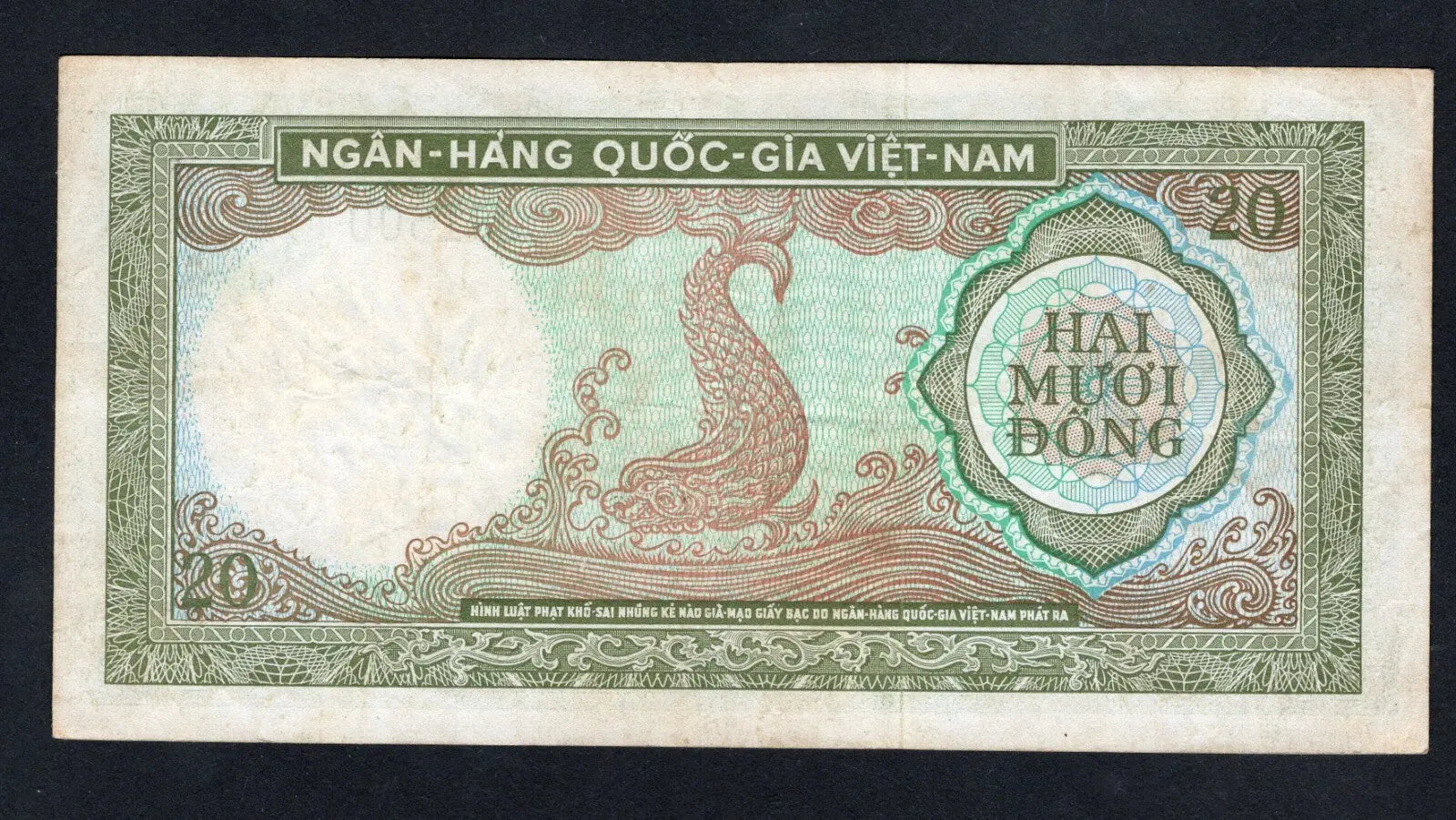 Front and back view of a 1964 South Vietnam 20 Dong banknote, serial number Y5 281500, featuring the Dragon Fish.
