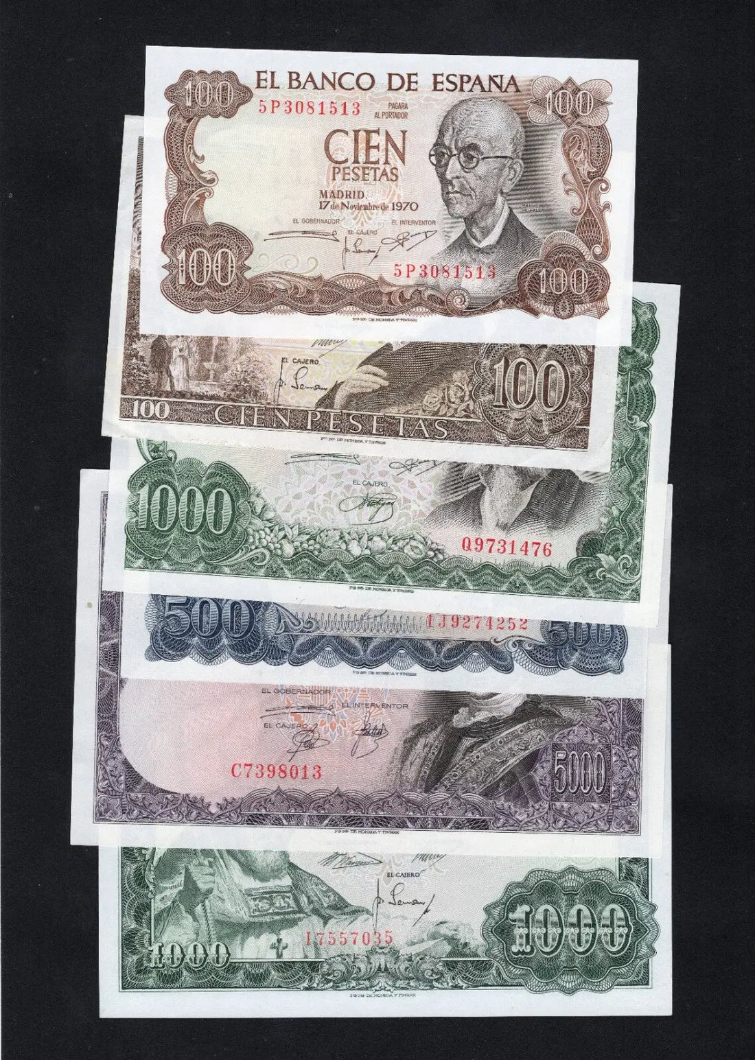Actual photo of a collection of Spanish Peseta banknotes from 1965 to 1971, including 100, 500, and 1000 denominations in Uncirculated condition.