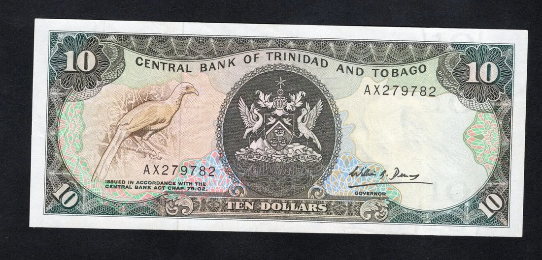 Front and back of an uncirculated Trinidad and Tobago 10 Dollar banknote featuring the Cocrico bird and Central Bank towers.