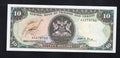 Front and back of an uncirculated Trinidad and Tobago 10 Dollar banknote featuring the Cocrico bird and Central Bank towers.
