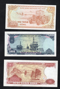 Front and back view of three Vietnamese banknotes: 200 Dong, 5000 Dong, and 10,000 Dong featuring Ho Chi Minh.