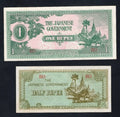 Stock photo of two 1942 Japanese occupation banknotes for Burma, showing the 1 Rupee and Half Rupee denominations.