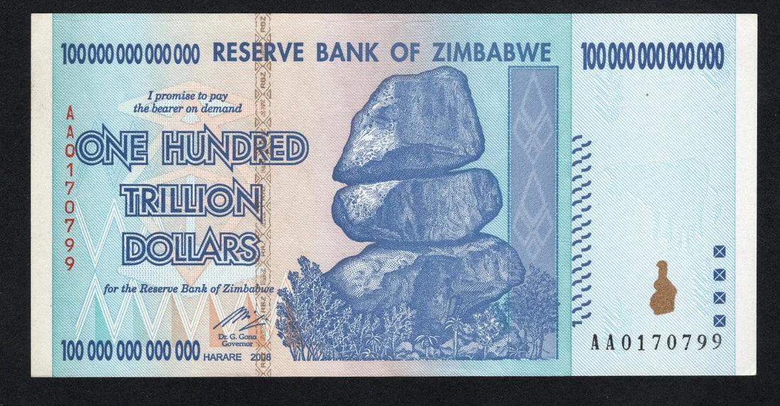 Front and back view of an authentic uncirculated 2008 Zimbabwe 100 Trillion Dollar banknote featuring the Balancing Rocks and Victoria Falls.