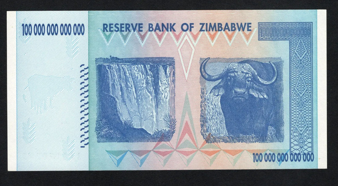 Front of an Uncirculated Zimbabwe 100 Trillion Dollars banknote featuring Balancing Rocks and serial number AA0170796