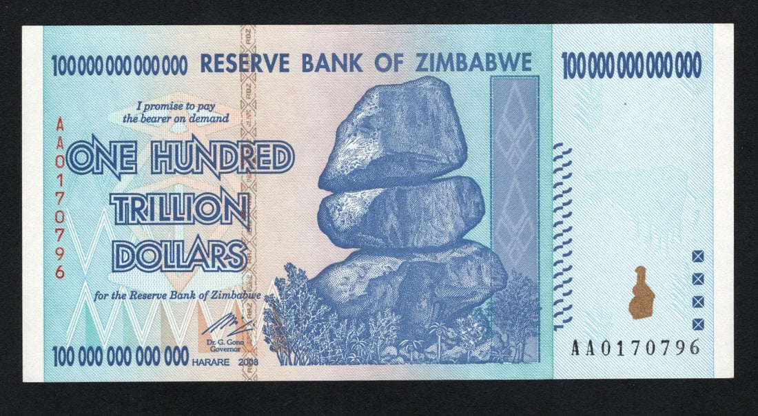 Front of an Uncirculated Zimbabwe 100 Trillion Dollars banknote featuring Balancing Rocks and serial number AA0170796