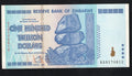front of Authentic 2008 Zimbabwe 100 Trillion Dollar banknote, Uncirculated condition, serial number AA0170812