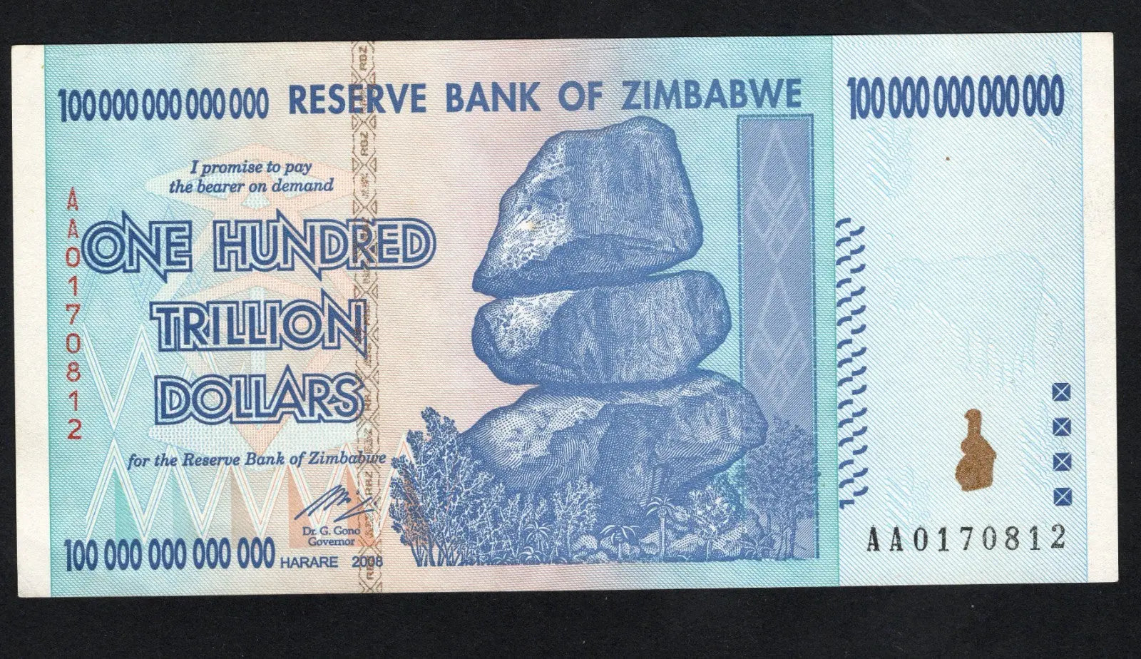 front of Authentic 2008 Zimbabwe 100 Trillion Dollar banknote, Uncirculated condition, serial number AA0170812