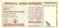Front view of a circulated 2008 Zimbabwe 50 Billion Dollars Special Agro-Cheque featuring giraffes. Authentic used hyperinflation currency.