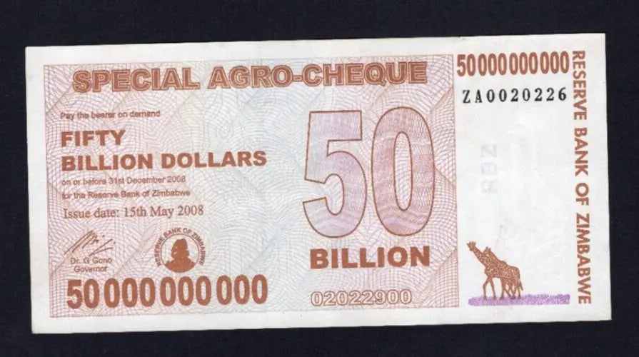 Authentic 2008 Zimbabwe 50 Billion Dollar Special Agro-Cheque banknote featuring giraffes and serial number ZA0020226.