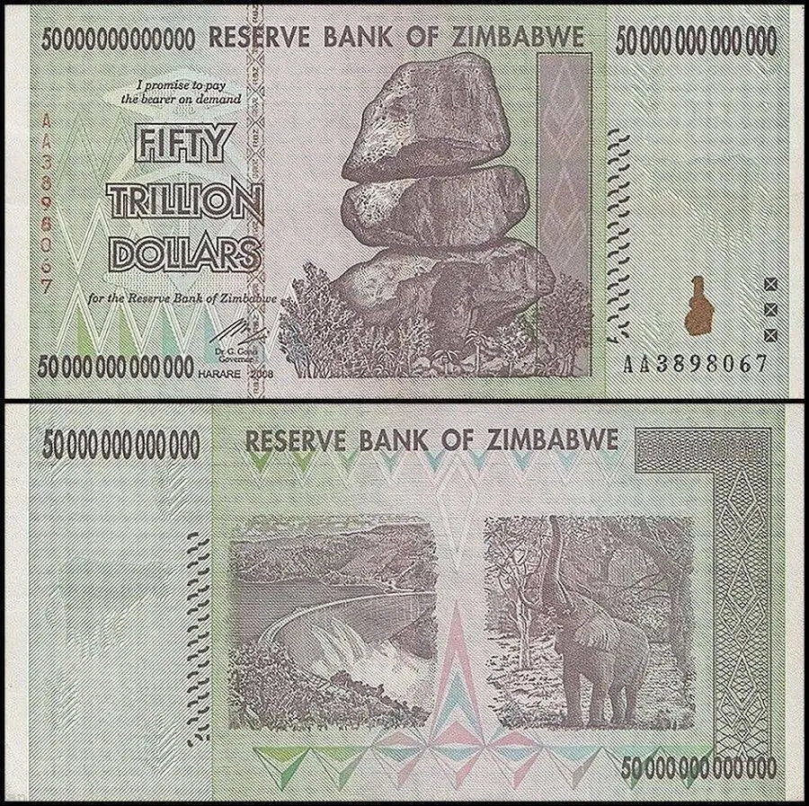 Front of an Uncirculated Zimbabwe 50 Trillion Dollars banknote featuring Balancing Rocks and serial number AA3898067.