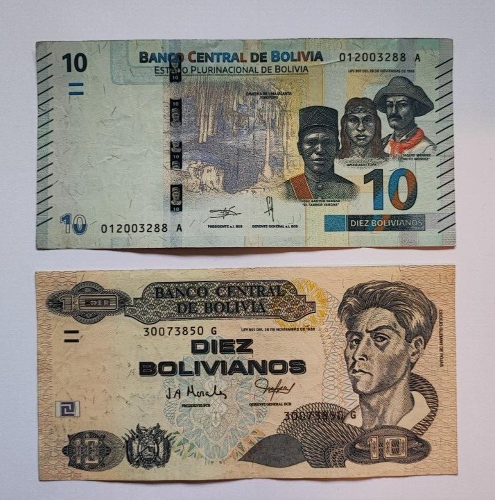 Bolivia SET Of 2 Banknotes: 10 ,10 Bolivianos 1993-2018 EF