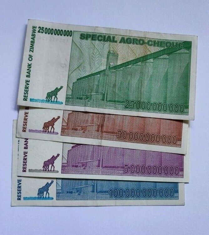 Set of 4 Zimbabwe 5 to 100 Billion Dollars Special Agro-Cheque Note 2008 Used